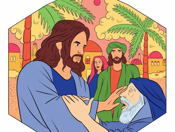 Jesus, der wie ein Moslem gekleidet ist, heilt einen Mann. Palmen und orientalische Gebäude im Hintergrund.