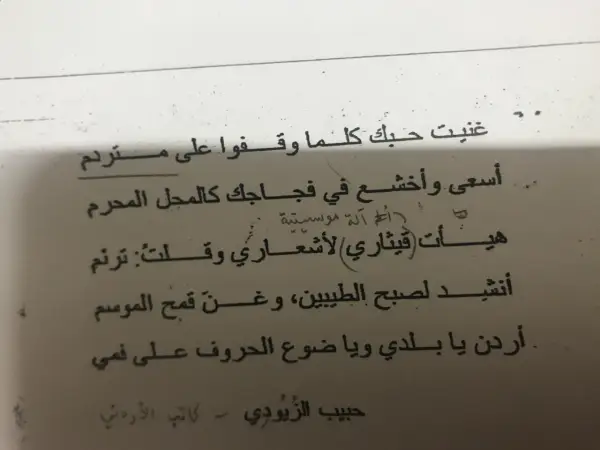 Arabische Gedichte auf einer Seite. Ein Vers lautet: "Ich sang deine Liebe, wann immer sie auf einem Hügel standen.