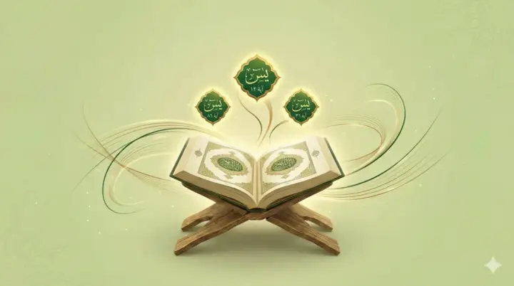 Ein aufgeschlagenes Buch auf einem Holzständer, umgeben von leuchtenden arabischen Schriftzeichen, die an Yasin Suresi 58 Ayet erinnern.