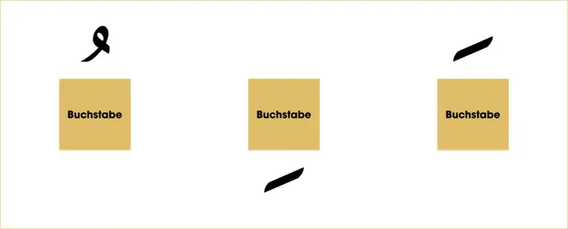Drei arabische Schriftzeichen, die wie Buchstaben aussehen, über gelben Kästchen mit dem Wort "Buchstabe". Ein Zeichen erinnert an ein "9" und könnte ein Koran Zeichen sein.